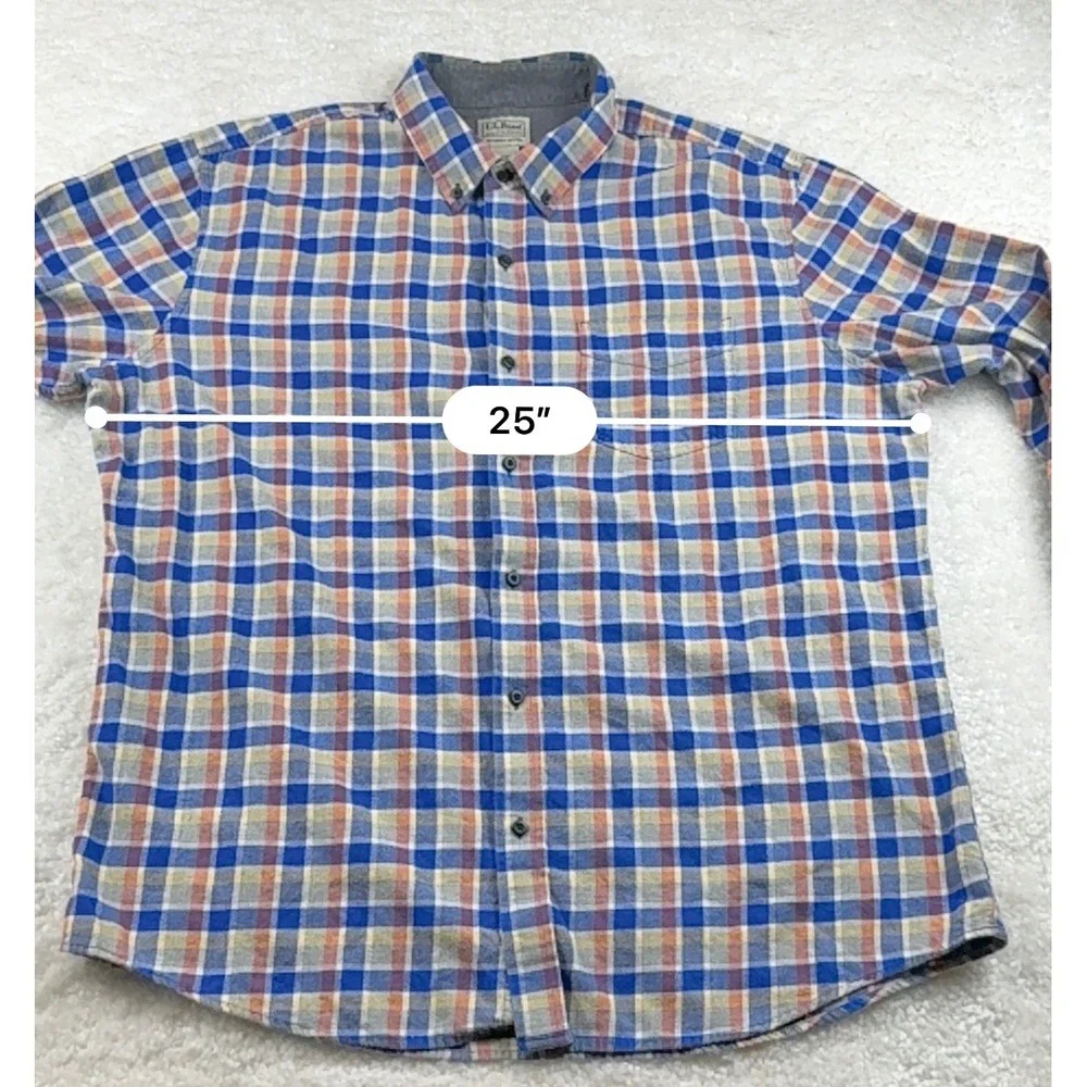 L.L. Bean Button Down Shirt Mens XL Blue Orange Plaid Flannel Collar 294213